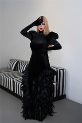 Long sleeve velvet dress with puffed shoulders and fathered skirt - ISLA